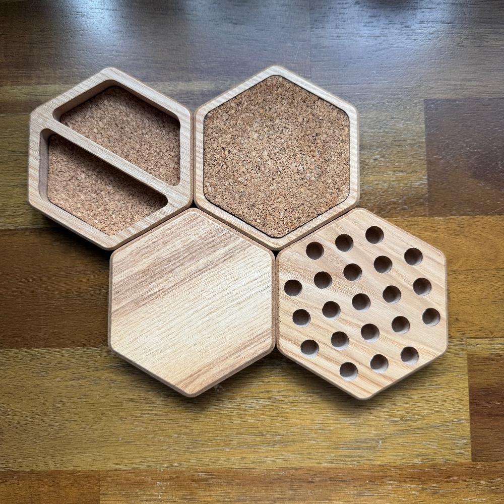 Set of 4 Desk Organizers - Pen Holder, Coaster, Display, and Tray - Maple MDF